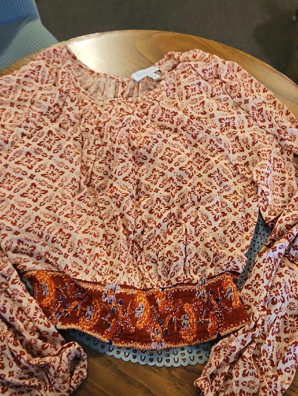 Patrons of Peace Rust and Cream Printed Peasant Blouse